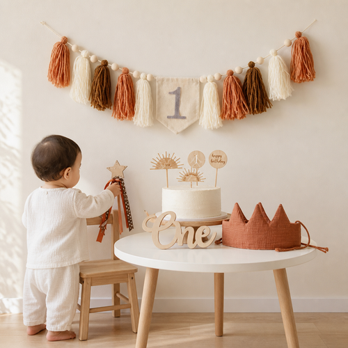 First Birthday Decoration Set - Morandi Boho Style | Tassel Banner, Fabric Crown, Wooden "One" Sign & Star Wand - Premium Neutral Party Supplies for Boys & Girls