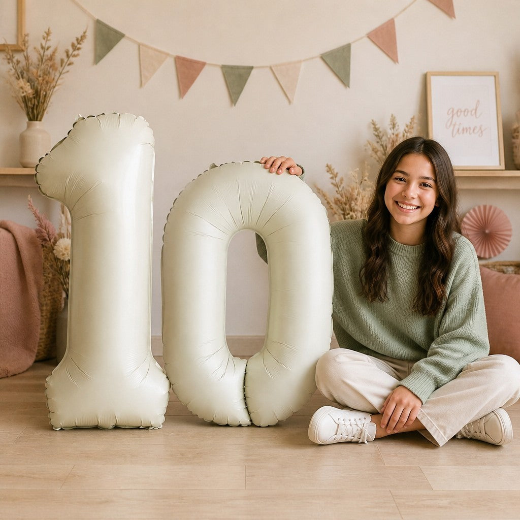 Cream White Number Balloon – 32" Morandi Foil Balloon for Birthdays (Choose 0-9)