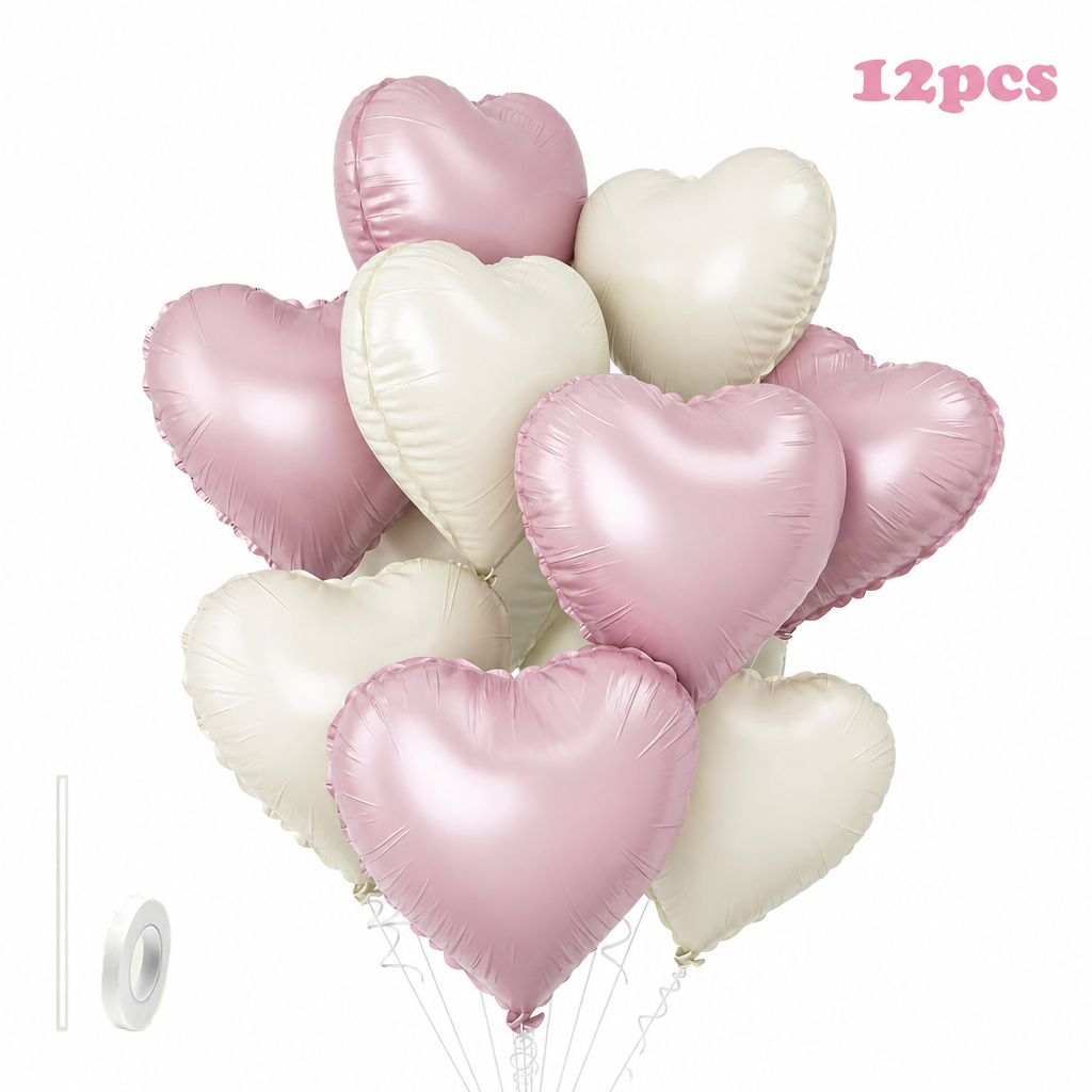 18" Morandi Heart Balloon Set (12-Pack) – Neutral Dusty Rose & Ivory Helium Foil Balloons with Ribbon & Straw for Romantic Party Styling