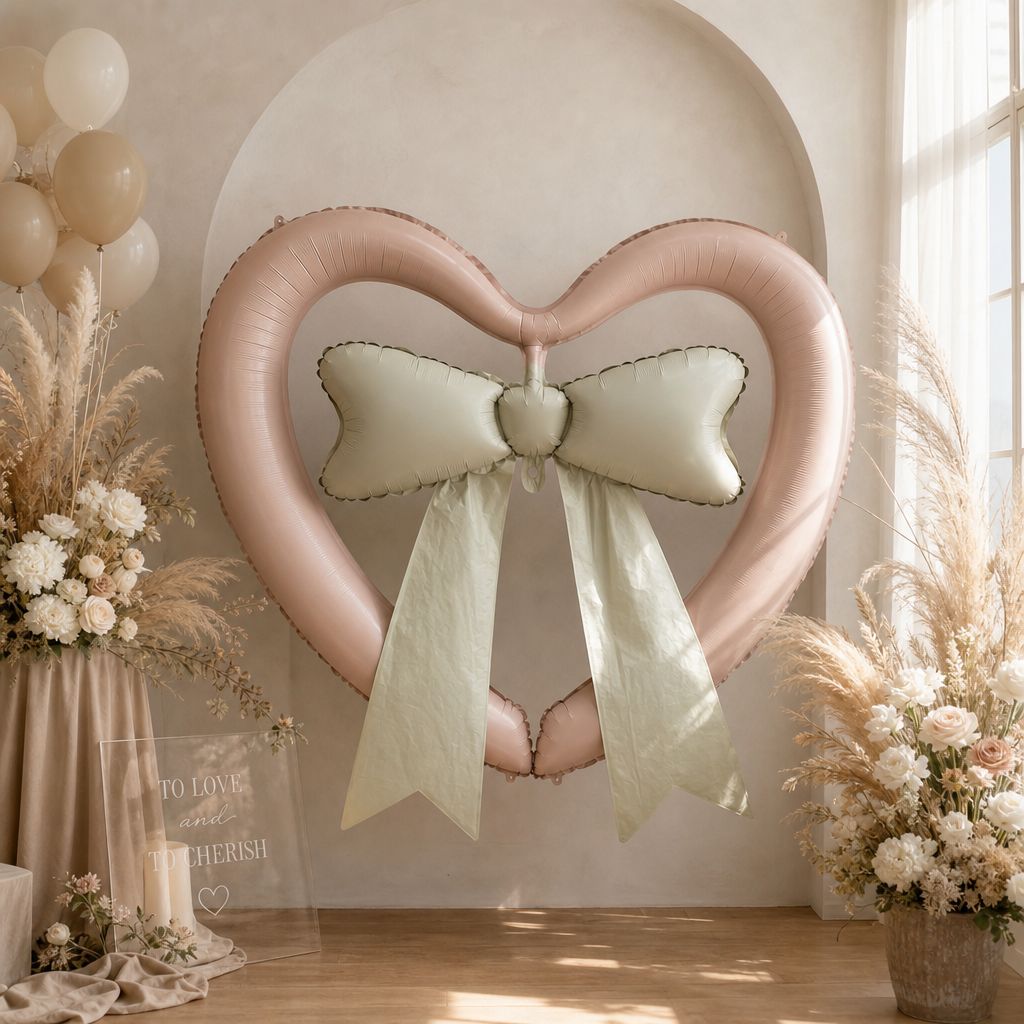 Giant Heart Bow Balloon 90x109cm | Aesthetic Dusty Pink Photo Prop
