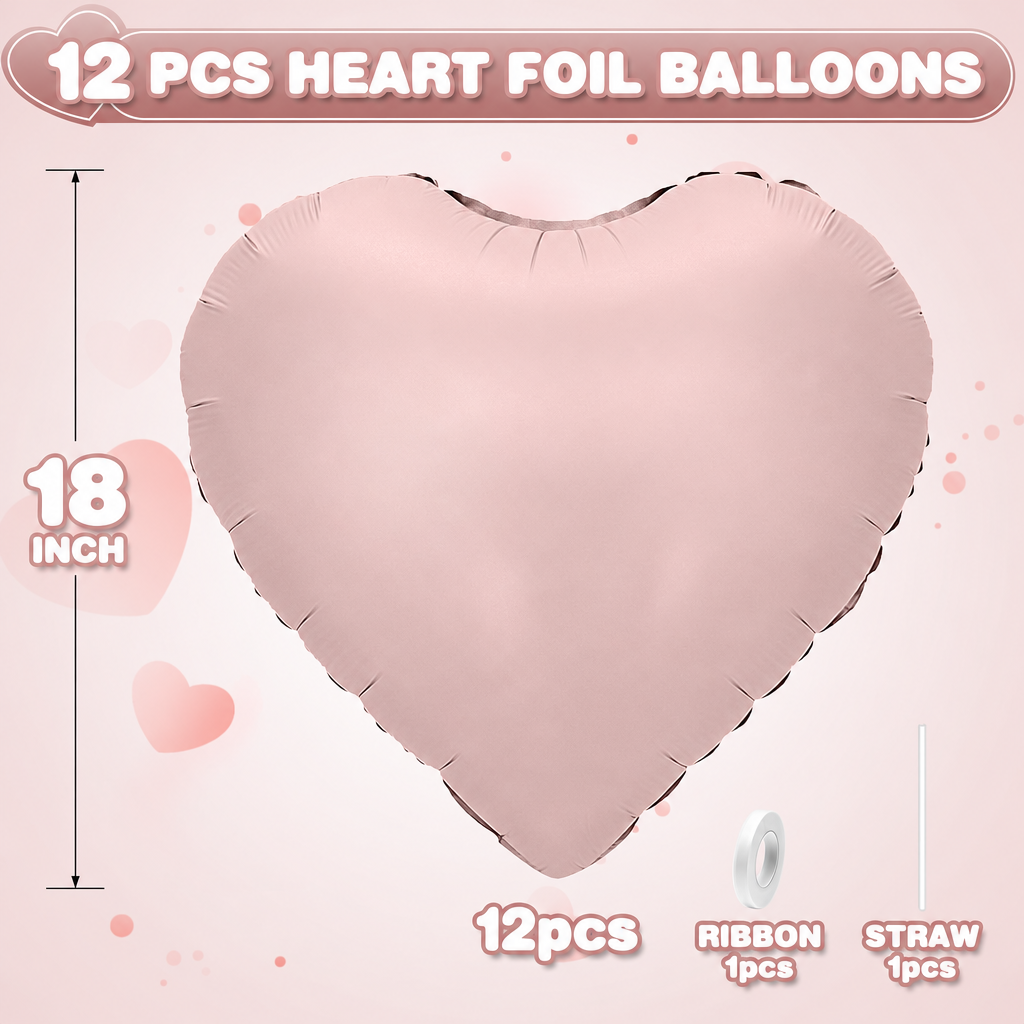 18" Morandi Heart Balloon Set (12-Pack) – Neutral Dusty Rose & Ivory Helium Foil Balloons with Ribbon & Straw for Romantic Party Styling