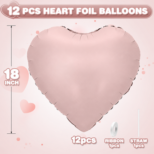 18" Morandi Heart Balloon Set (12-Pack) – Neutral Dusty Rose & Ivory Helium Foil Balloons with Ribbon & Straw for Romantic Party Styling