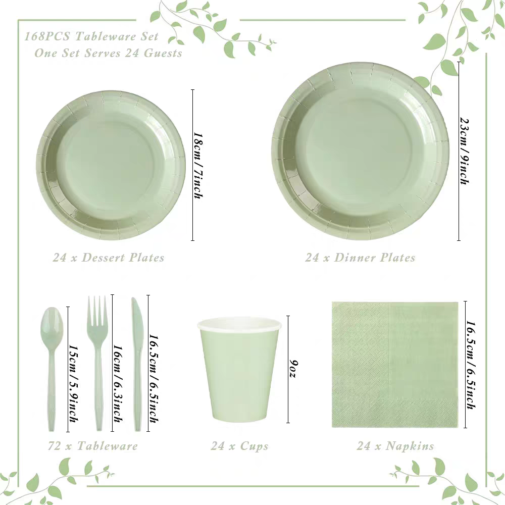 Sage Green Compostable Dinnerware Set – 168pcs Eco-Friendly Tableware for 24 Guests