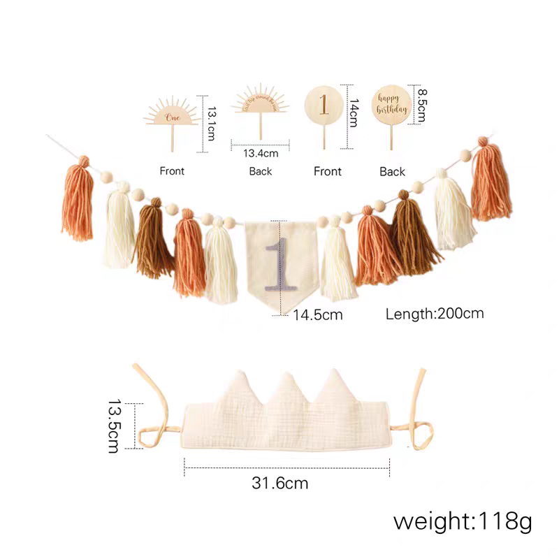 First Birthday Decoration Set - Morandi Boho Style | Tassel Banner, Fabric Crown, Wooden "One" Sign & Star Wand - Premium Neutral Party Supplies for Boys & Girls