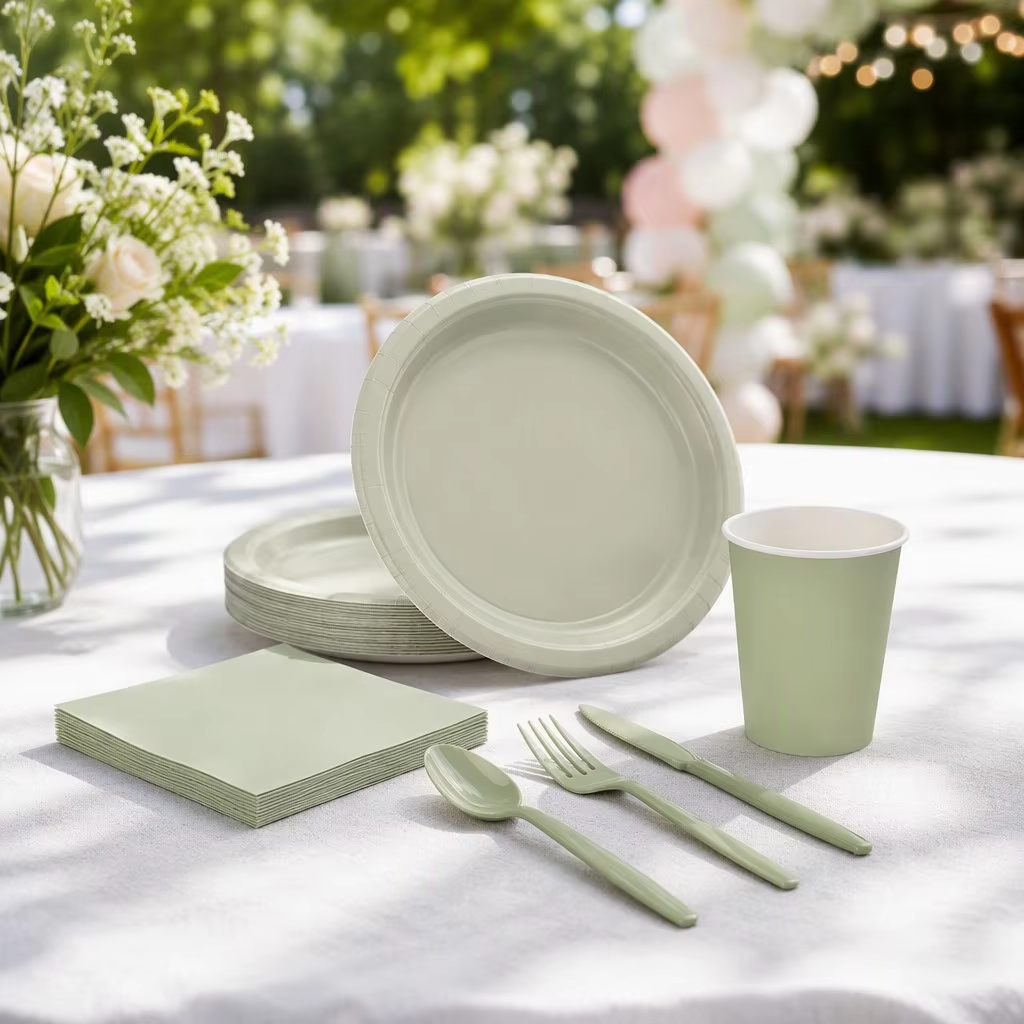 Sage Green Compostable Dinnerware Set – 168pcs Eco-Friendly Tableware for 24 Guests